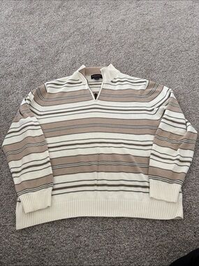 Brooks Brothers men’s Cream and Taupe Striped V-Neck quarter zip Sweater XL